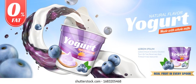 Anuncios naturales de yogur de arándano azul con fruta fresca, yogur y mermelada que salen de un vaso de plástico en cielo azul, 3d ilustración