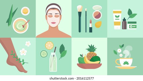 Natural body care and beauty products icons set