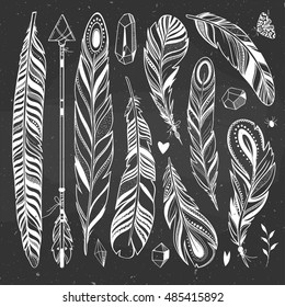 natural boho set with feathers, crystals and arrow hand drawn on a chalkboard, vector illustration