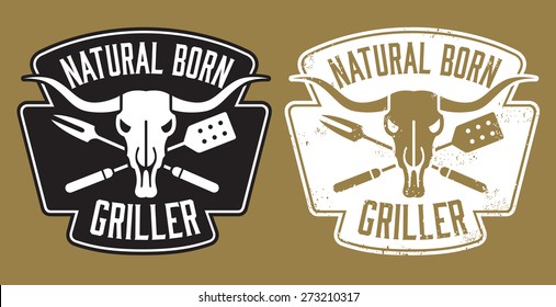 Natural Born Griller barbecue vector image with cow skull and crossed utensils. Includes clean and grunge versions.