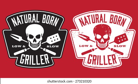 Natural Born Griller barbecue vector image with skull and crossed utensils. Includes clean and grunge versions.