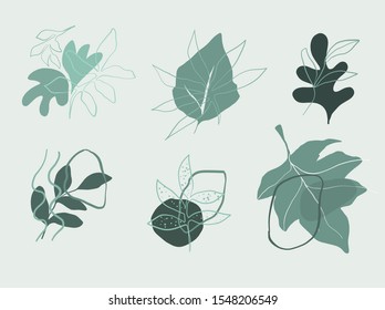 Natural botanic logo in abstract minimalism style. Leaf and freehand shapes composition in pastel colors. Organic garden emblems 