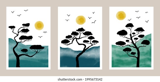 Natural botanical art set with watercolor elements. Water color boho foliage wall art drawing with abstract shape. Bonsai pattern for print, cover, wallpaper and textile prints