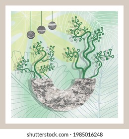 Natural botanical art with stone and tropical leave. Minimalistic abstract wall art drawing, t shirt print, greenery pattern for cover, wallpaper and textile prints