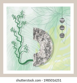 Natural botanical art with stone and tropical leave. Minimalistic abstract wall art drawing, t shirt print, greenery pattern for cover, wallpaper and textile prints