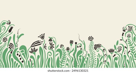 Natural botanical floral background with with border of greens, delicate blooming flowers and grass, cute horizontal banner tamplate with light copy space in abstract modern style