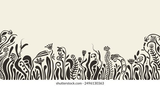 Natural botanical floral background with with border of silhouette delicate blooming flowers and grass, cute horizontal banner tamplate with light copy space in abstract modern style