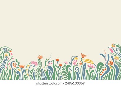 Natural botanical floral background with with border of greens, delicate blooming flowers and grass, cute horizontal banner tamplate with light copy space in abstract modern style