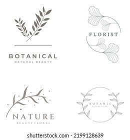 Logo botánico natural, diseño orgánico con hojas, flores, tallos. Con un diseño minimalista, elegante.Ideal para productos de belleza, insignias, bodas y negocios.