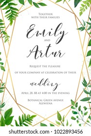 Natural Botanical Wedding Invitation, Invite, Save The Date Template. Vector Floral Design Card. Green Fern Forest Plant Leaves & Herbs Greenery Mix.  Geometrical Golden Frame, Border With Copy Space.