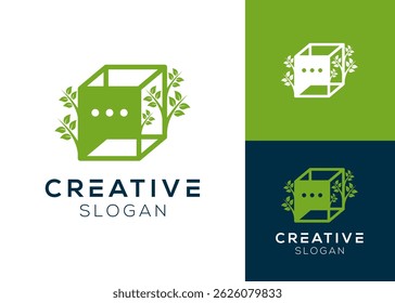 Natural box chat logo. Box with speech bubble and plant logo design