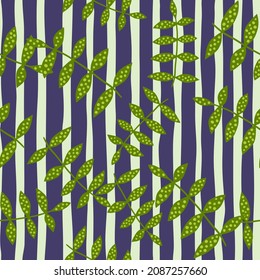 Natural branch seamless pattern on stripe background. Abstract floral ornament. Simple botanical backdrop. Design for fabric , textile print, surface, wrapping, cover. Vector illustration.