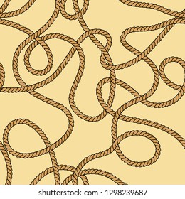 Natural brown tangled twine rope on beige seamless pattern, vector