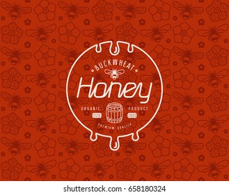 Natural buckwheat honey seamless pattern and template label. White print on brown pattern background