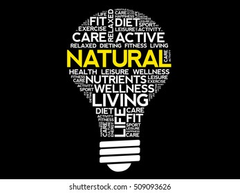 NATURAL bulb word cloud collage, health concept background