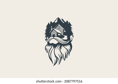 natural cabin logo with a combination of cabin, beard, forest and mountain views.