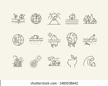 Natural calamities icons. Set of line icons. Forest fire, earthquake, melting glacier. Ecology concept. Vector illustration can be used for topics like environment protection, nature