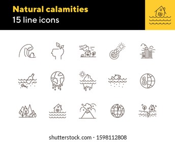 Natural calamities icons. Set of line icons. Forest fire, earthquake, melting glacier. Ecology concept. Vector illustration can be used for topics like environment protection, nature