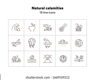 Natural calamities icons. Set of line icons. Forest fire, earthquake, melting glacier. Ecology concept. Vector illustration can be used for topics like environment protection, nature