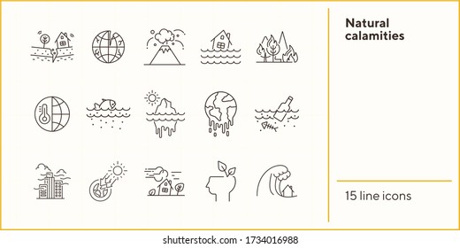 Natural calamities icons. Set of line icons. Forest fire, earthquake, melting glacier. Ecology concept. Vector illustration can be used for topics like environment protection, nature