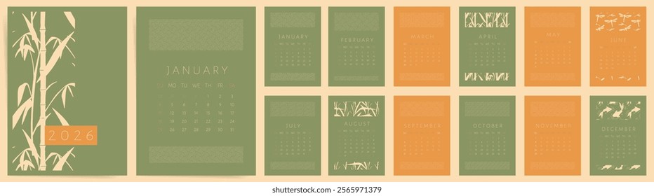 Natural Calendar 2026. Calendar 2026 Sunday Start Asian Nature Inspired Design Template Vector with Oriental Ornaments and Bamboo and Koi Fish elements.