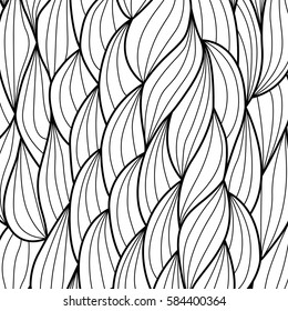 Natural calming pattern. Hand-drawn curved doodling black and white background. Vector illustration.