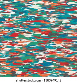 Natural Camo Terrazzo Wood Grain Texture Motion Blur Seamless Repeat Vector Pattern. Red, Blue, Turquoise, Teal, Cream, Gray, Orange, Green