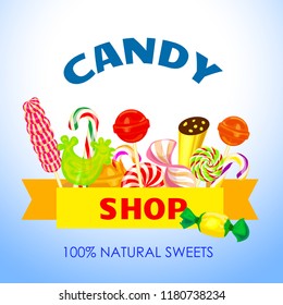 Natural candy shop concept background. Cartoon illustration of natural candy shop vector concept background for web design