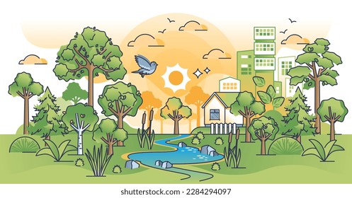 Natural capital in sustainable green city development scene outline concept. Ecological and environmental town with lush vegetation and housing vector illustration. Beauty area for future lifestyle.