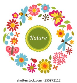 Natural card with beautiful simple flowers, beetles and butterflies.