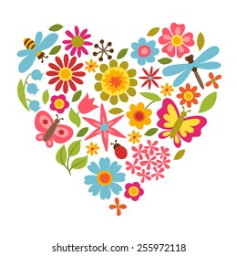 Natural card with beautiful simple flowers, beetles and butterflies.