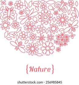Natural card with beautiful simple flowers, beetles and butterflies.