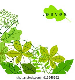Natural card with stylized green leaves. Spring or summer foliage.