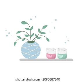 Cosméticos de cuidado natural en jarras. Un juego de dos cremas en la repisa del cuarto de baño. Ilustración vectorial plana. Productos de tocador de la piel aislados de fondo blanco. Composición ecológica