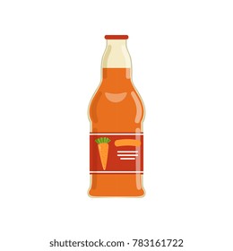 Natural carrot juice in glass bottle with brand sticker. Vegan nutrition. Healthy organic product. Flat vector design template for advertising banner or poster