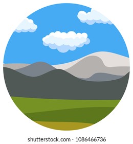Natural cartoon landscape in circle. Vector illustration in the flat style with blue sky, clouds, hills and mountains.