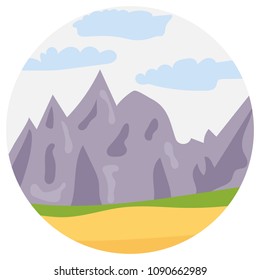 Natural cartoon landscape in circle. Vector illustration in the flat style with mountains, blue sky, clouds  and hills.