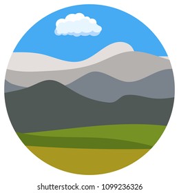 Natural cartoon landscape in circle. Vector illustration in the flat style with blue sky, clouds, hills and mountains.
