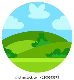 Natural cartoon landscape in circle. Vector illustration in the flat style with green hills, blue sky  and clouds at sunny day.
