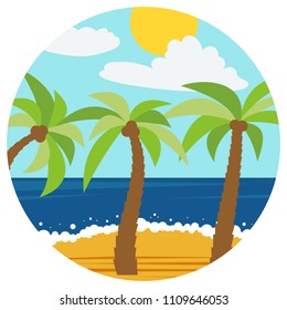 Natural cartoon landscape in circle. Vector illustration in the flat style with three palms in the summer beach.