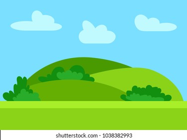 Natural cartoon landscape in the flat style with green hills, blue sky  and clouds at sunny day. Vector illustration

