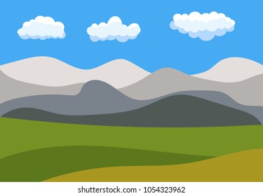 Natural cartoon landscape in the flat style with blue sky, clouds, hills and mountains. Vector illustration
