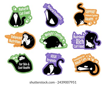 Natural cat food sticker set, tag design. Colorful decoration for pet balanced nutrition, vector illustration. Natural probiotics, weight control, high protein, formulated for adult cats badge