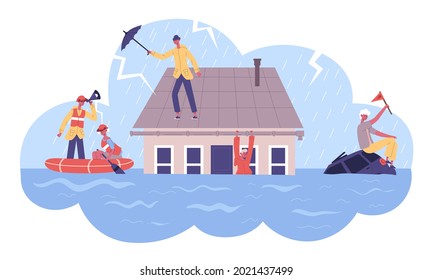 Natural Cataclysm Disasters Flood Safeguard Rescue Boat Service. Rescued Saved People From Flooded House Vector Illustration. Flood Natural Disaster Rescuers. Water Covering Land, Man On Roof