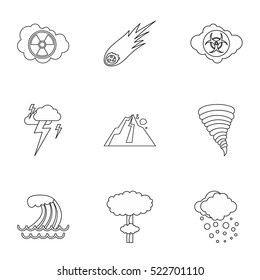 Natural cataclysm icons set. Outline illustration of 9 natural cataclysm vector icons for web