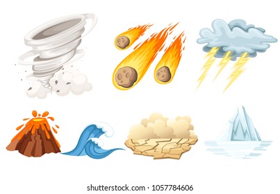 Natural Cataclysm Icons Set. Tsunami Wave, Tornado Swirl, Flame Meteorite, Volcano Eruption, Sandstorm, Deglaciation, Storm. Cartoon Style Color Icon. Vector Illustration Isolated On White Background.