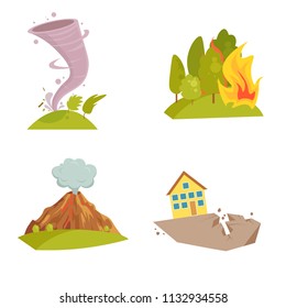 Natural cataclysm icons set. Tsunami wave, tornado swirl, flame meteorite, volcano eruption, sandstorm, deglaciation, storm. Cartoon style color icon. Vector illustration isolated on white background.