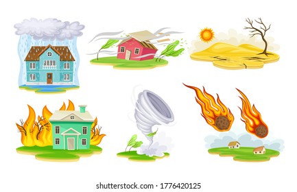 Natural Cataclysms with Drought and Tornado Vector Illustrations Set