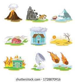 Natural Cataclysms with Drought and Volcanic Eruption Vector Illustrations Set