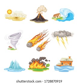 Natural Cataclysms with Drought and Volcanic Eruption Vector Illustrations Set